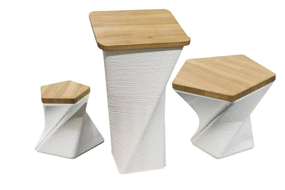 Felswind Hocker / 3D-Betondruck / weiß/eiche