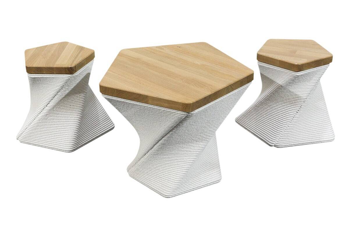 Felswind Hocker / 3D-Betondruck / weiß/eiche